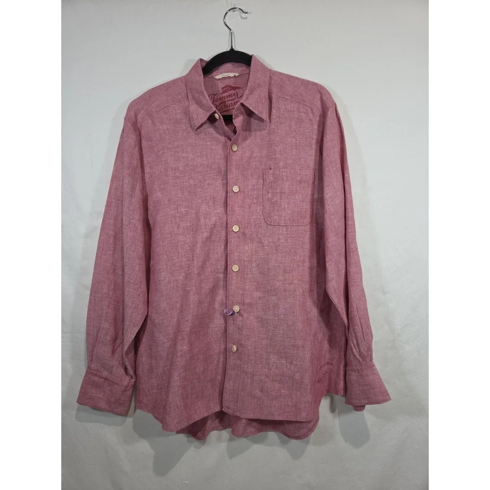 Tommy Bahama 100% Linen Mens Medium Button Up Long Sleeve Red Beach Island Relax